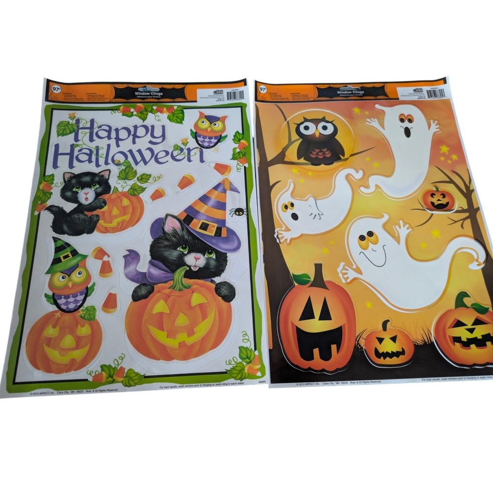 Impact 2013 Halloween Window Clings Lot 2 Sheets Ghost Black Cat Pumpkin Owl